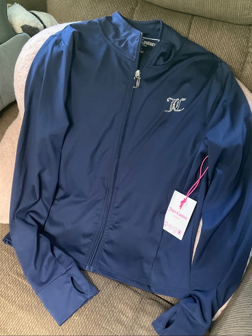 Juicy Couture Navy Blue Rhinestone JC Bomber Jacket
